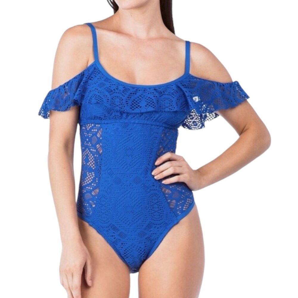 Reaction Kenneth Cole Women Sm Crochet off the shoulder one Piece Swimsuit Swim